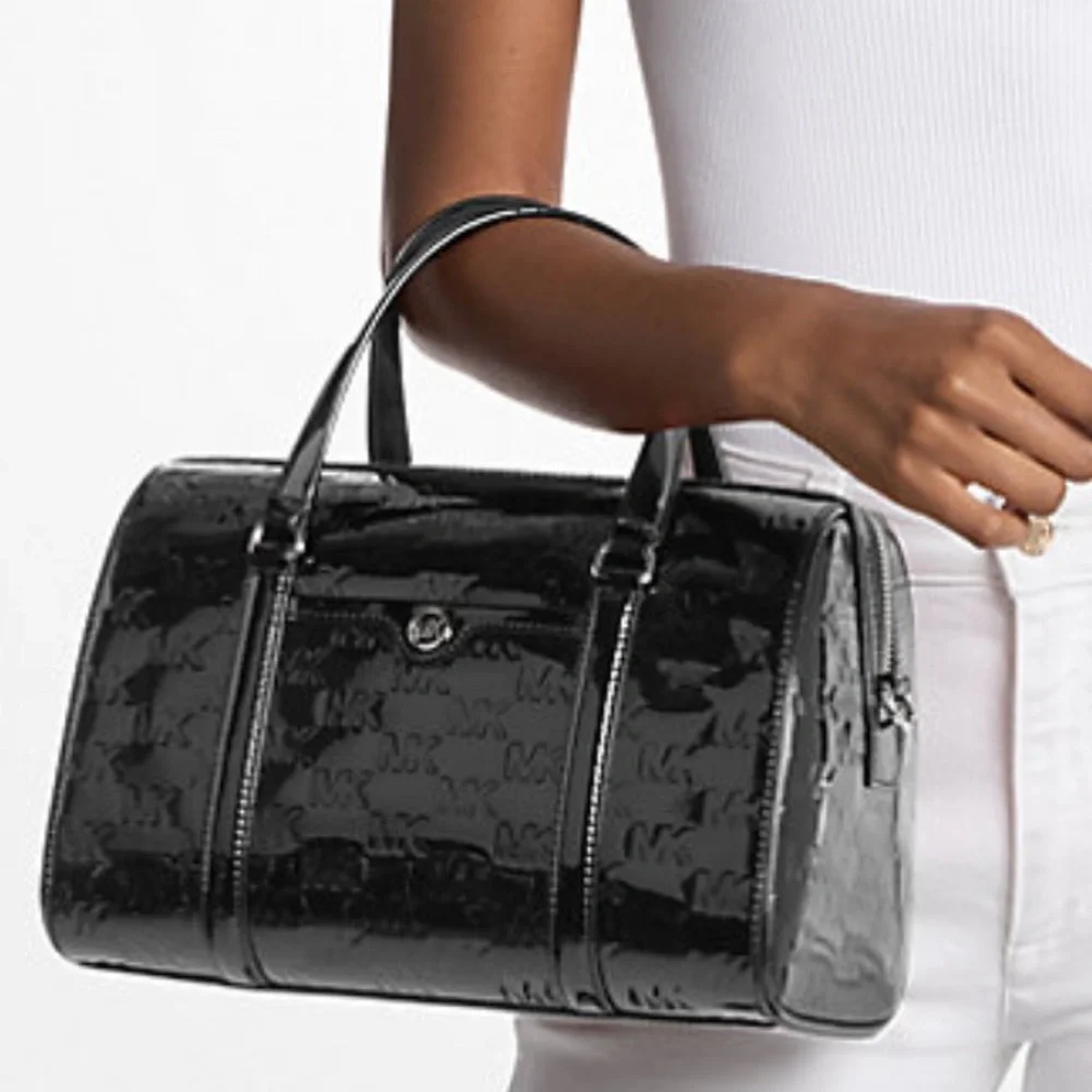 MICHAEL KORS Jet Set Md Patent Logo Debossed Duffle Crossbody Bag Duffel Silver